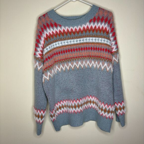Altar'd State Chunky Eyelash Fair Isle Knit Crewneck Oversized Sweater size xs - Picture 1 of 8